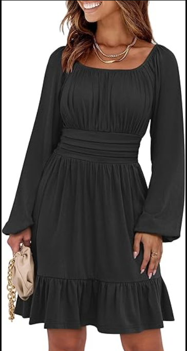 Womens Dress Long Lantern Sleeve Square Neck Elastic Waist Ruffle Flowy Swing A-Line Short Dresses 2025 Fall Fashion